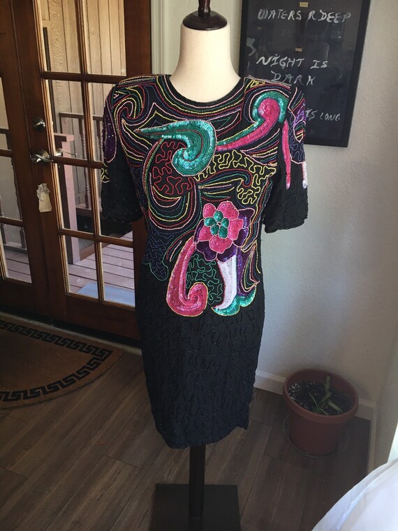 80s Vintage Beaded Sequin Abstract Dress Colorful Sequined Silk