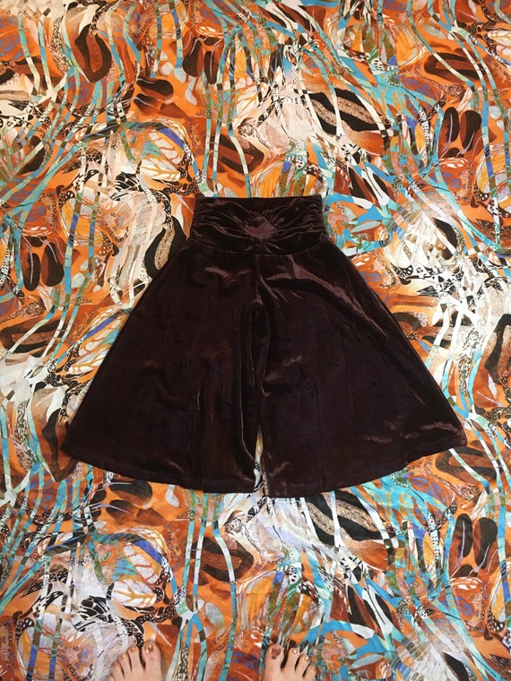80s 90s Vintage Brown Velvet Culotte Shorts - Velv