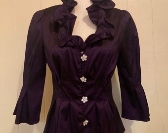 Victorian Inspired Purple Ruffle Blouse with Rhinestone Buttons - Tailored Formal Top - Regency Blouse - Victorian Style Shirt - Metallic Pu