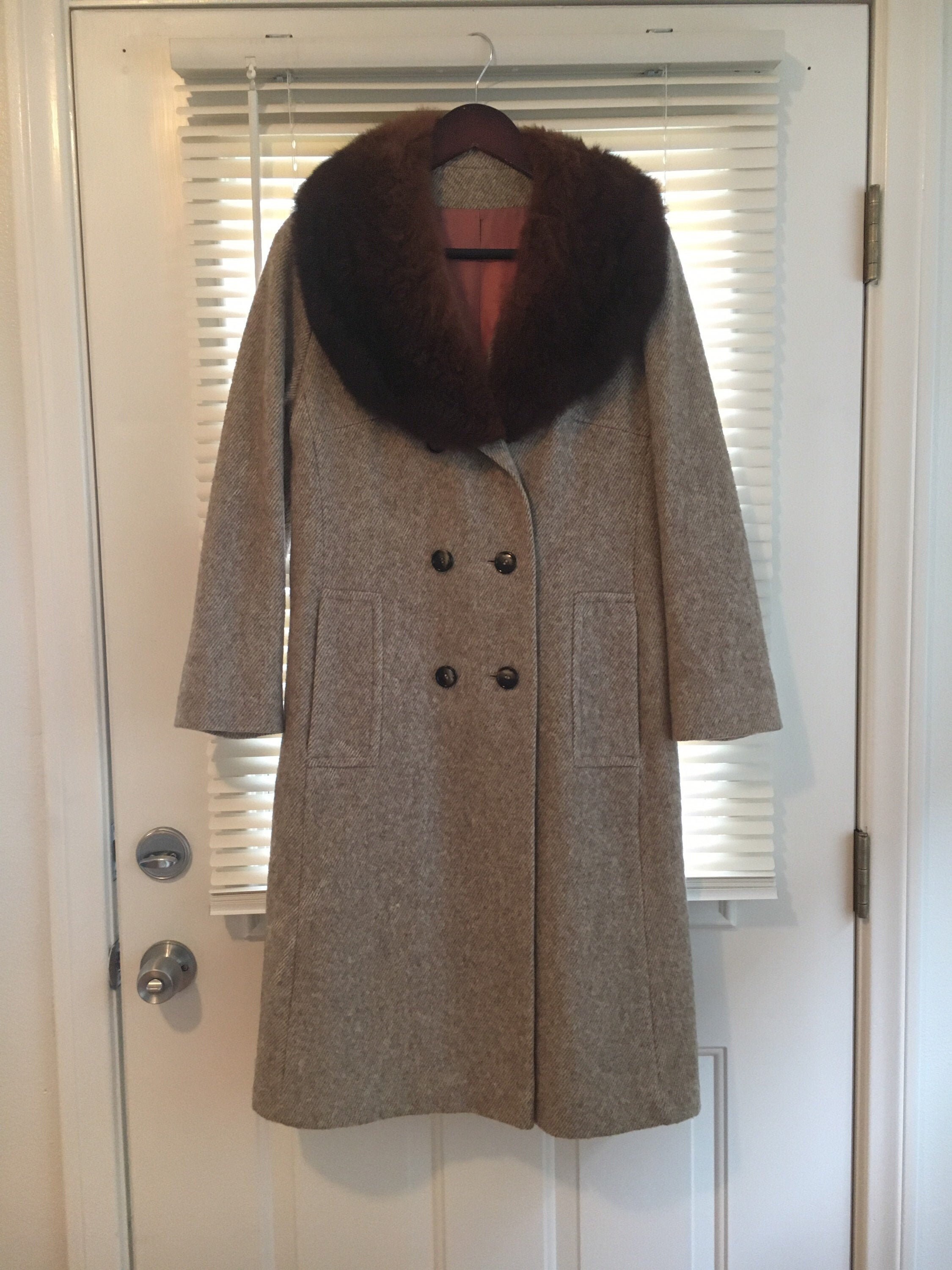 60s Vintage Wool Coat W/ Fur Collar - Fur Trimmed Grey