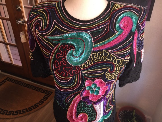 80s Vintage Beaded + Sequin Abstract Dress - Colo… - image 5