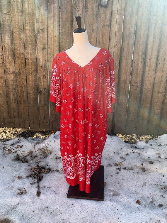 1970s Vintage Mumu House Dress - Cherry Red Bandana Print