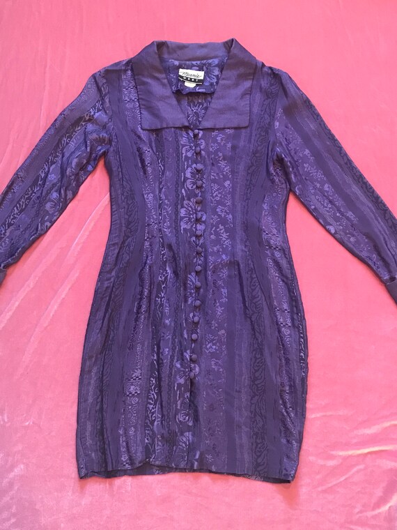 Gorgeous 1980s Shiny Purple Floral Dress w/ Wide C