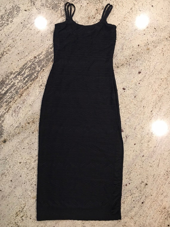 90s Vintage Stretchy Black Bodycon Dress Slinky Minimalist 1990s Spaghetti  Strap Dress Black on Black Abstract Pattern Women's Size 4P 