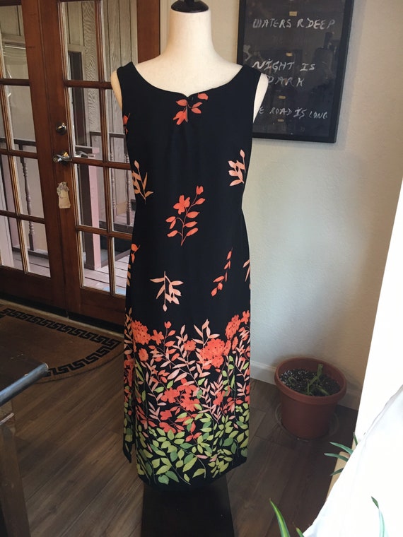 80s 90s Vintage Black Maxi Dress w/ Orange + Green