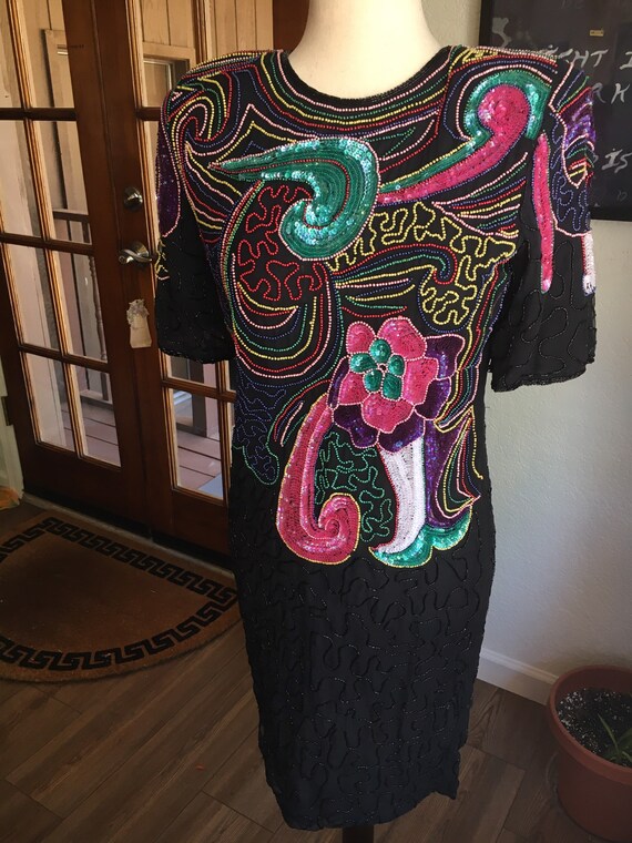80s Vintage Beaded + Sequin Abstract Dress - Colo… - image 3