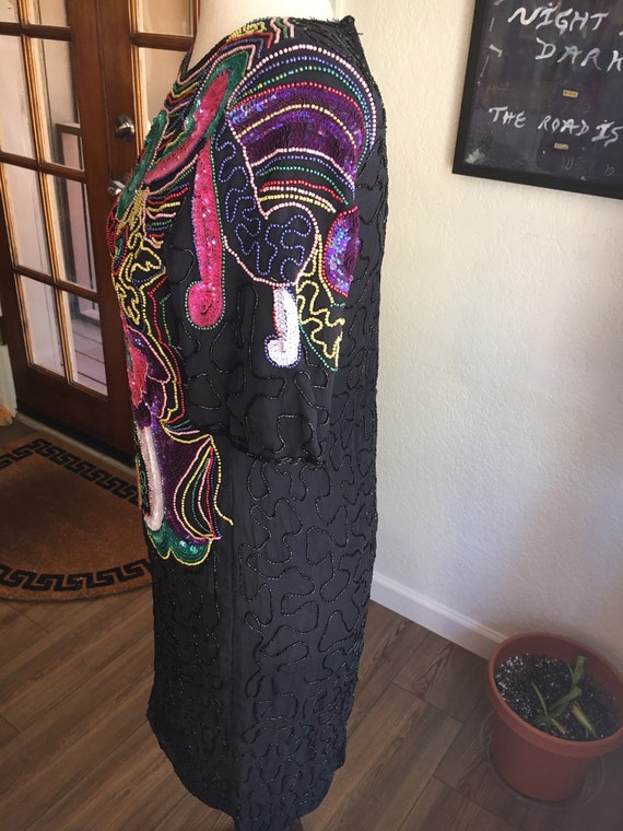 80s Vintage Beaded + Sequin Abstract Dress - Colo… - image 7