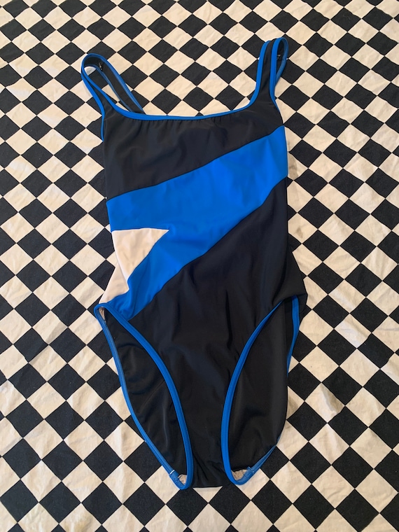 80s 90s Vintage Black + Blue One Piece Bathing Su… - image 3