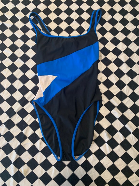 80s 90s Vintage Black + Blue One Piece Bathing Su… - image 2