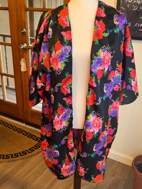80s Vintage Silky Floral Print Robe - Black Satin… - image 3