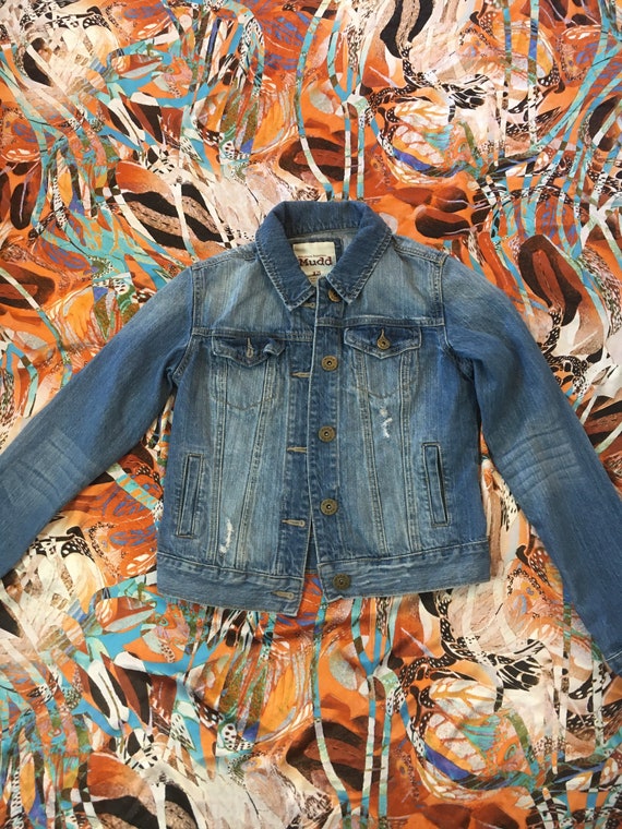 90s Vintage Mudd Brand Distressed Denim Trucker Jacket Womens Size XS Medium  Wash Jean Jacket W/ Pockets 100 Percent Cotton Vintage Denim 