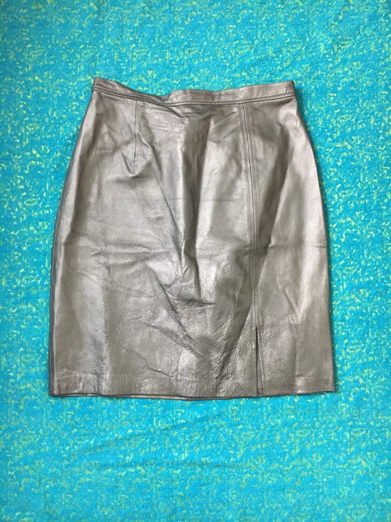 80s 90s Vintage Silver Leather Pencil Skirt - 100%