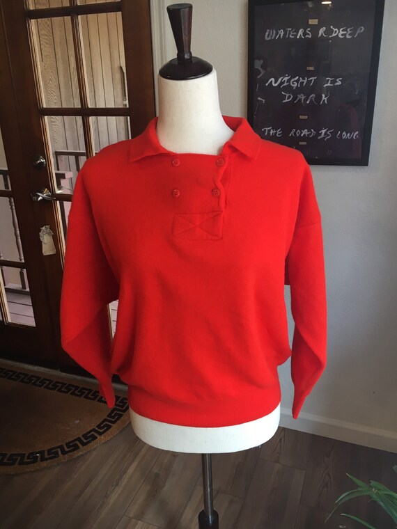 70s 80s Vintage Bright Orange Benetton Sweater Collared Pullover
