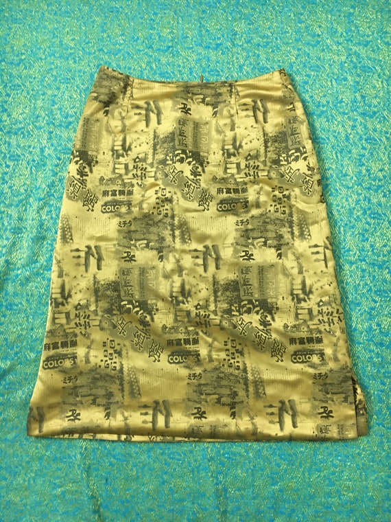 90s Y2K Vintage Shiny Gold Printed Pencil Skirt -