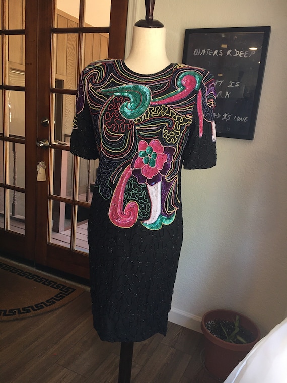 80s Vintage Beaded + Sequin Abstract Dress - Colo… - image 1