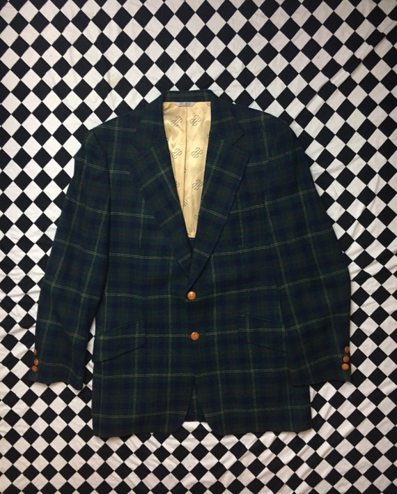 1980s Vintage Bill Blass Blue + Green Tartan Plaid