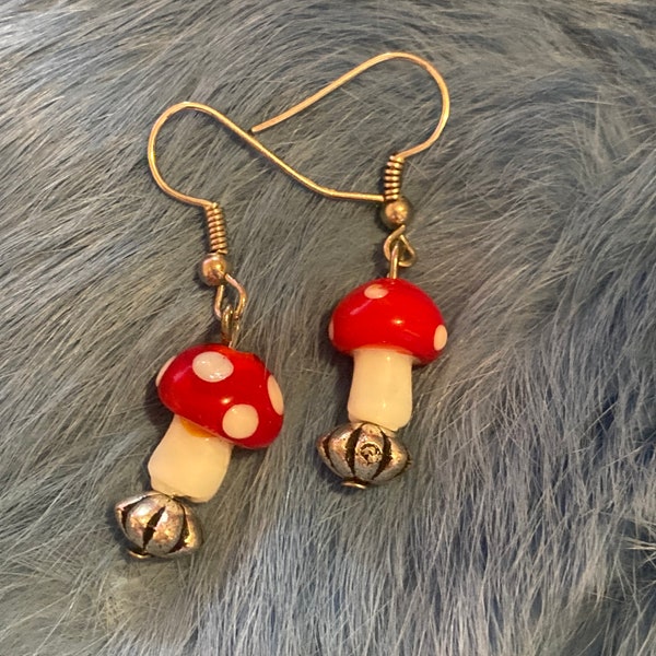 Vintage Mushroom Earrings - Fairy Tale Mushrooms - Mushroom Dangle Drop Earrings - Fly Agaric Amanita Mushroom Earring - Psychedelic Jewelry