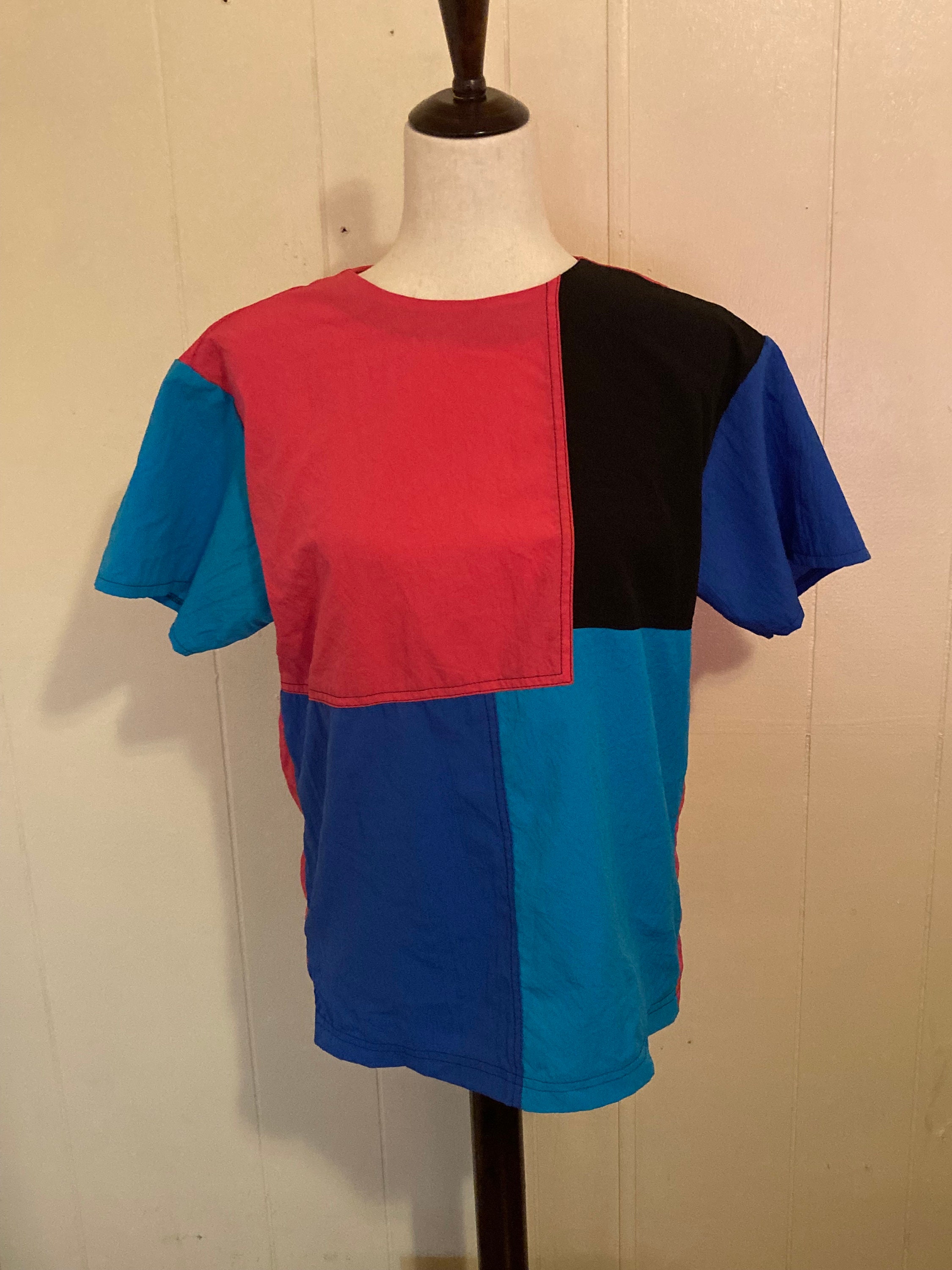 80s Vintage Color Block Tee - Colorful 1980s Top - Short
