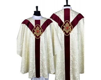 Vestment,  Semi-Gothic Style Chasuble with a matching stole with tassels as well as burse,maniple and chalice veil,  Vestments for Priest,