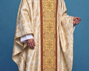 Liturgical Chasuble and Stole – Semi Gothic Vestment, Metallic Gold Thread