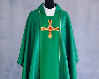 Vestment Green - Saint Cuthbert Cross Gothic style Chasuble with a matching stole, Vestments for Priest, Catholic Vestments.