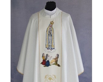 Marian Chasuble  "Our Lady of Fatima", White Chasuble, Vestments for Priest, Catholic Vestments, Liturgical Chasuble.