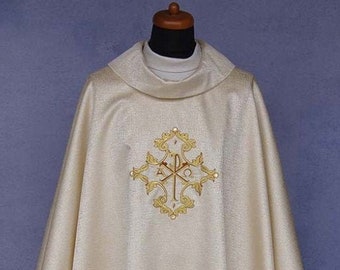 Gothic Brocade Chasuble with Golden Cross Embroidery, Priest Vestment