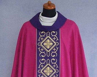 Pink Gothic Chasuble Vestment with Stole, Metallic Cross Embroidery