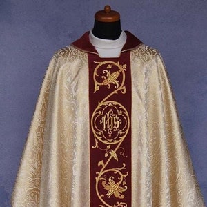Gothic style Chasuble Brocade IHS, Gold Chasuble, Vestments for Priest, Catholic Vestments, Liturgical Chasuble.