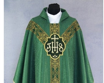 Vestment IHS Semi-Gothic Style Chasuble, Green Chasuble, Vestments for Priest, Catholic Vestments, Liturgical Chasuble.