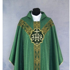 Vestment IHS Semi-Gothic Style Chasuble, Green Chasuble, Vestments for Priest, Catholic Vestments, Liturgical Chasuble.