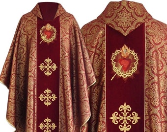 Gothic Chasuble with a matching stole &quot;Sacred Heart of Jesus&quot;, Vestments for Priest, Catholic Vestments, Liturgical Chasuble, Priest Gift.