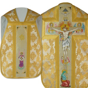 Roman style fiddleback Chasuble with a Maniple, Burse and chalice veil, Vestments for Priest, Catholic Vestments, Liturgical Chasuble.