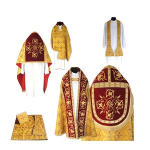 Roman style Cope with humeral veil, Gold Cope Chasuble, Vestments for Priest, Catholic Vestments, Liturgical Chasuble, Priest Gift Pastor