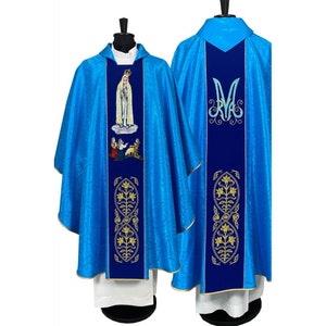 Vestments Marian &quot;Our Lady of Fatima&quot; - Chasuble, Blue Chasuble, Vestments for Priest, Catholic Vestments, Liturgical Chasuble.