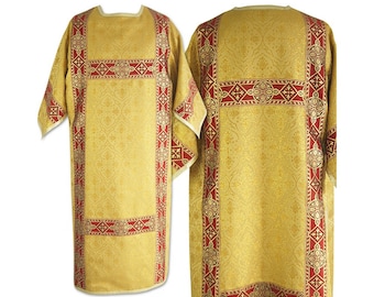 May include: A gold liturgical chasuble with red trim and a floral pattern. The chasuble has a wide collar and short sleeves.