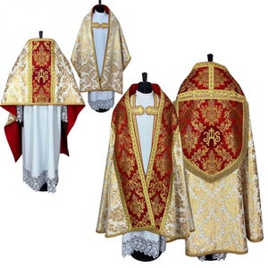 Roman cope, Roman chasuble, Gold vestments, Priest vestments, Humeral veil, Catholic liturgical vestments, Traditional cope