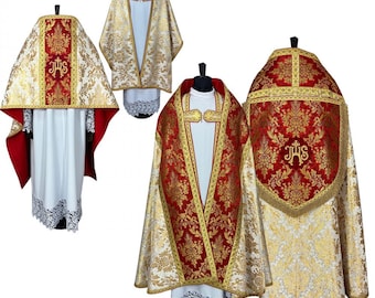 Roman cope, Roman chasuble, Gold vestments, Priest vestments, Humeral veil, Catholic liturgical vestments, Traditional cope