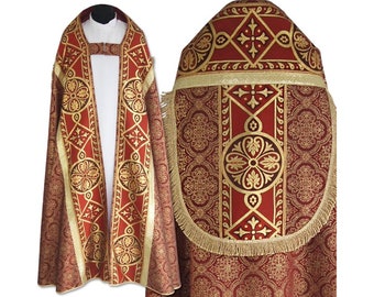 Red Gold Brocade Roman Cope with Embroidered Stole