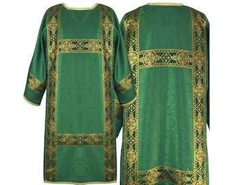 May include: Green liturgical chasuble with gold trim and ornate patterns. The chasuble has a wide, rectangular shape with a round neckline. The trim features a repeating design of circles and crosses.