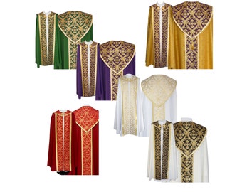 Semi-gothic style Cope with a matching stole, Gold Chasuble, Vestments for Priest, Catholic Vestments, Liturgical Chasuble.