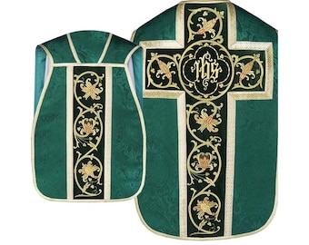 May include: A green liturgical vestment with gold embroidery featuring a cross and floral designs. The vestment has a matching stole with a similar design.