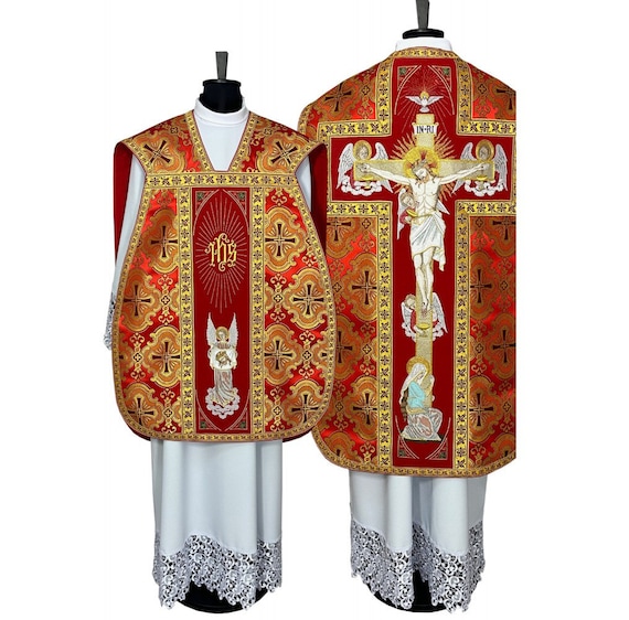 Roman Style Fiddleback Chasuble With a Maniple, Burse and Chalice