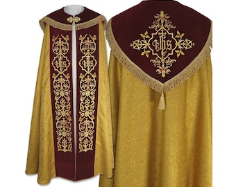 Gothic Cope, Brocade Gold Chasuble, Embroidered Vestments with Stole