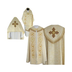Roman style Cope  with an inner stole and humeral veil, Gold Cope Chasuble, Vestments for Priest, Catholic Vestments, Liturgical Chasuble,