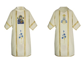 May include: A white liturgical vestment with gold trim and blue embroidery. The front features an image of the Virgin Mary and child. The back features a stylized "M" with a crown above it.