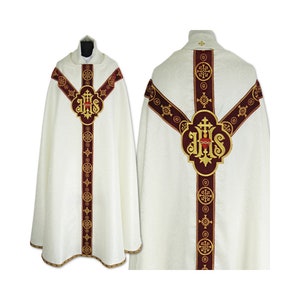 White Conical Chasuble with IHS symbols, Chasuble, Vestments for Priest, Catholic Vestments, Liturgical Chasuble.