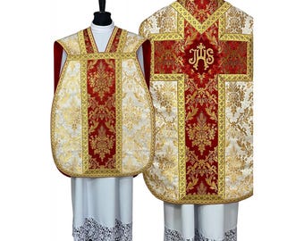 Roman style fiddleback Chasuble with a Maniple, Burse and chalice veil, Vestments for Priest, Catholic Vestments, Liturgical Chasuble.