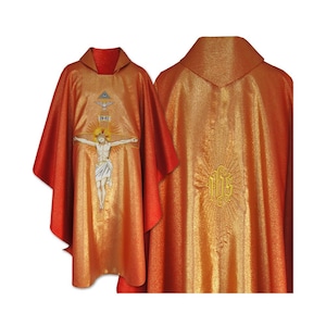 Chasuble embroidered &quot;Jesus on the Cross&quot; Chasuble, Gold Chasuble, Vestments for Priest, Catholic Vestments, Liturgical Chasuble.
