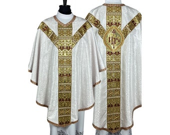 Vestment,  Semi-Gothic Style Chasuble with a matching stole with tassels as well as burse,maniple and chalice veil,  Vestments for Priest,
